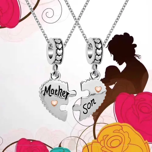 Miniatura 4 de KunBead Dijes de corazón para madre e hijo, rompecabezas de cuentas para mamá, conjunto de pulseras para collar, Metal, vidrio