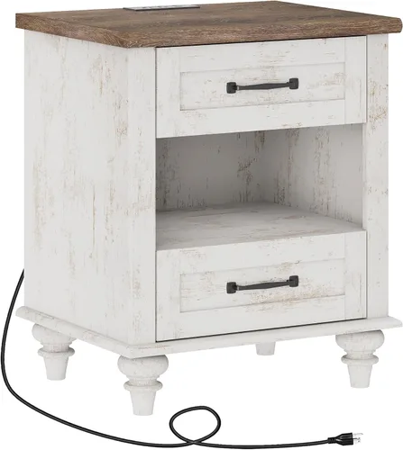 Miniatura 9 de WAMPAT Mesita de noche con estación de carga y 2 cajones, mesa auxiliar de granja para sala de estar, mesita de noche retro de madera clara
