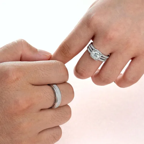 Miniatura 3 de Juego de anillos de boda chapados en oro de 18 quilates con circonita cúbica redonda de 2 quilates para hombre, plata de ley, anillos para pareja
