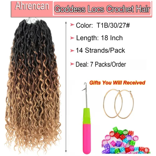 Miniatura 5 de Cabello de Ganchillo Boho Goddess Locs de 18 Pulgadas, 7 Paquetes, Degradado de Tres Tonos, Nuevas Locs Sintéticas de Ganchillo con Puntas Rizadas