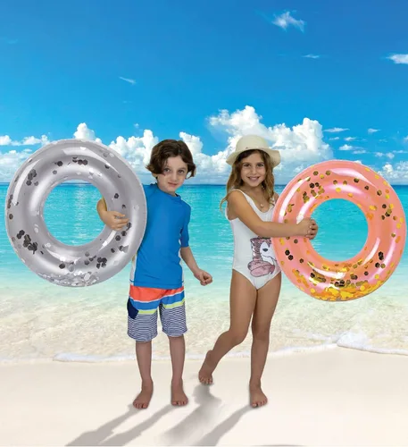 Miniatura 4 de Paquete de 4 flotadores inflables para piscina para niños, anillos flotantes de piscina rellenos de confeti brillante, lindos flotadores de piscina