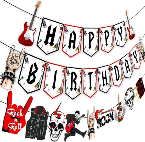 Cartel de cumpleaños de Rock and Roll, 3 unidades, pancartas de fiesta de música rock, decoración de fiesta de cumpleaños, pancartas colgantes