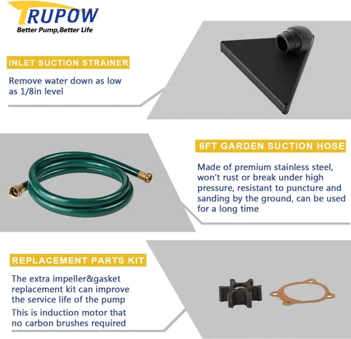Miniatura 5 de Trupow DC 12-Volt 1/10HP 330GPH, alimentada por batería, mini bomba de agua de transferencia de sumidero eléctrico portátil con kit de manguera