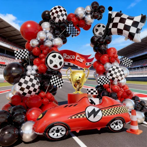 Miniatura 5 de Kit de arco de globos de auto de carreras, decoración de cumpleaños de coches de carreras, fiesta de cumpleaños, bandera roja, negra y plateada, kit
