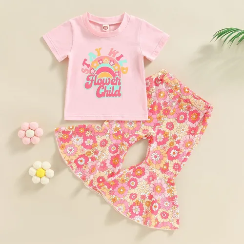 Miniatura 2 de Eadrioss Ropa para bebé niña pequeña, traje de campana de manga corta, camisa de flores para niños, pantalones florales acampanados, ropa de verano