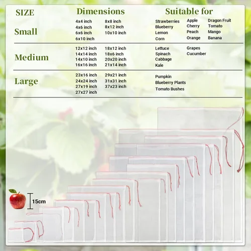 Miniatura 7 de Bolsas protectoras de frutas de malla, 50 bolsas de frutas grandes de 14 x 21 pulgadas para árboles frutales, bolsa de malla duradera para jardín