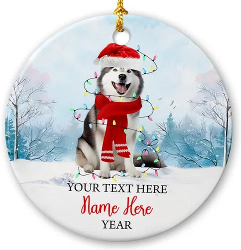 Adorno de cerámica de Alaska Malamute de Feliz Navidad, decoración personalizada de Papá Noel, perro de Alaska Malamute nombre de perro, decoración