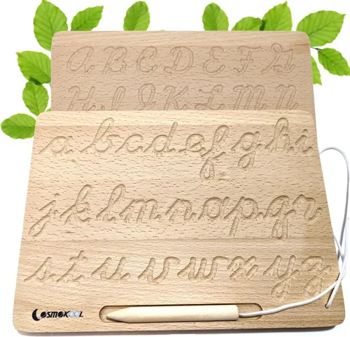 Montessori - Tableros educativos de doble cara con bolígrafo de madera, letras del alfabeto, trazado cursivo