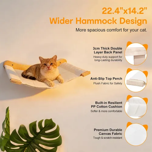 Miniatura 6 de Estantes de pared 5 en 1 para gatos de interior, muebles de gato montados en la pared con estación de alimentación y hamaca extra ancha, escalador