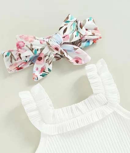 Miniatura 4 de Conjunto de ropa de verano para bebé recién nacida, conjunto de ropa de verano con estampado floral, mameluco con cordón y diadema corta