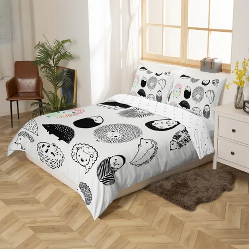 Miniatura 2 de Erosebridal Juego de funda de edredón Kawaii de tamaño individual, diseño de erizo de dibujos animados en blanco y negro, regalo de erizo para niñas
