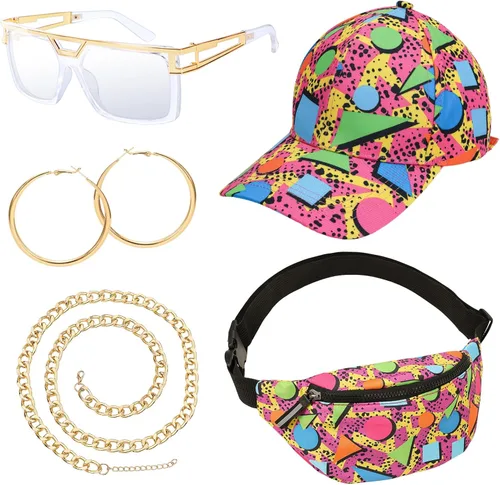 XEPST 80s 90s Hip Hop Accessories for Women Men, 80s 90s Outfits Neon Fanny Pack Hat Sunglasses Gold Chain Earrings Rojo