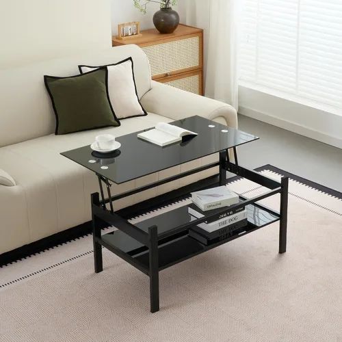 Miniatura 8 de Mesa de centro elevable con almacenamiento, mesas de centro modernas de vidrio negro para sala de estar, 37.8 pulgadas rectangular de vidrio