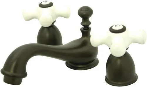Miniatura 5 de Kingston Brass KS3958PX Restoration Mini Grifo de Lavabo con Mango Cruzado de Porcelana, Níquel Satinado, Centro Ajustable de 4 Pulgadas cepillado