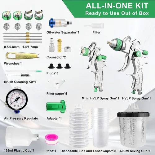 Miniatura 8 de HVLP - Kit de pistola de pulverización de aire, 2 pistolas de pintura automotriz, 0.5/0.031 in, 4.2 fl oz y 1.4/0.067 in 20.3 fl oz desechables taza