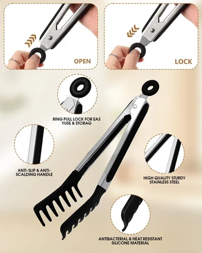 Miniatura 4 de Cuchara de espagueti y pinza para pasta con dientes de agarre y orificios de drenaje, cabezal de silicona antiadherente de 2 piezas con mango