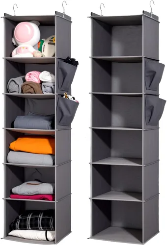 Paquete de 2 organizadores colgantes para armario, estantes colgantes de 6 niveles para armario con inserciones de bambú resistentes, color gris