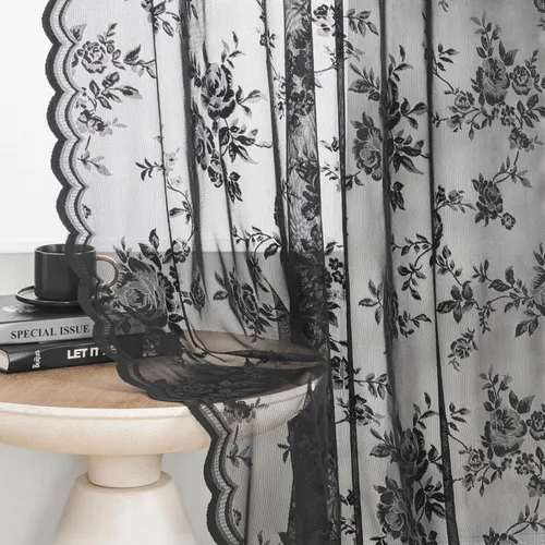 Miniatura 4 de SEEKRIGHT - 2 paneles de cortinas traslúcidas de encaje negro, cortinas góticas florales, cortinas victorianas con bolsillo para cortinero