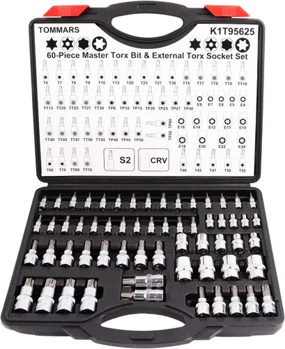 TOMMARS Juego de 60 piezas de enchufes de brocas Torx Master y juego de enchufes externos de 1/4", 3/8", 1/2" de transmisión, brocas de acero S2,
