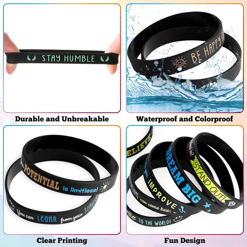 Miniatura 4 de Bucherry 120 pulseras de silicona motivacionales a granel inspiradoras de goma unisex con citas positivas para estudiantes, profesores, aula, Negro