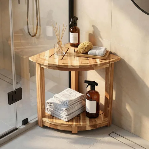 Miniatura 2 de VICTORY RELAX Estante esquinero de madera de acacia para ducha interior, banco de ducha impermeable y reposapiés para afeitarse las piernas, asiento