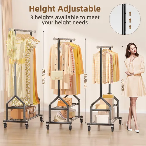 Miniatura 4 de EAGMAK Perchero de ropa resistente con capacidad de carga de 556 LBS, perchero rodante con estantes, colgador de ropa ajustable en altura con Negro