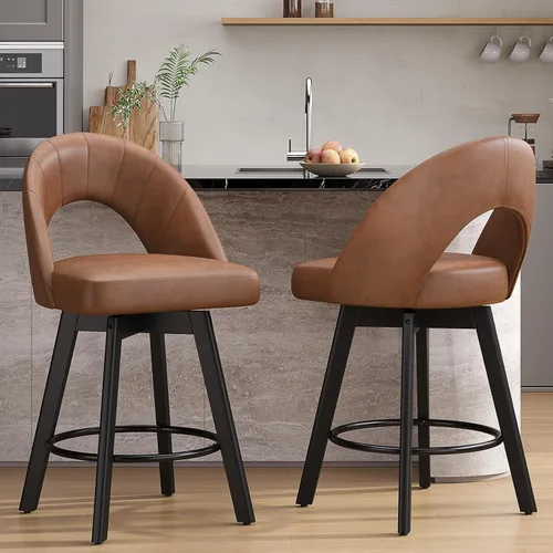 Miniatura 15 de YaFiti Taburetes de bar de altura de mostrador de 24 pulgadas, taburetes de bar giratorios ergonómicos con respaldo curvado con asiento de piel