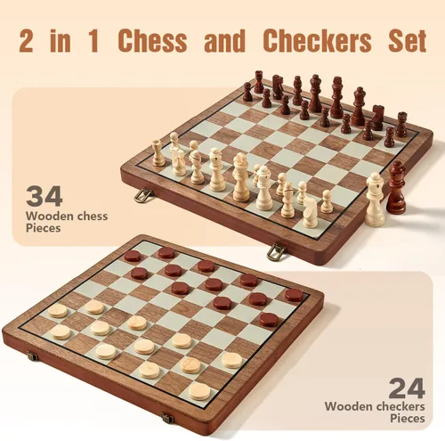 Miniatura 4 de MerryPony Juego de ajedrez y damas de madera magnético 2 en 1, juego de ajedrez plegable de 15 pulgadas para adultos y niños, tablero de ajedrez