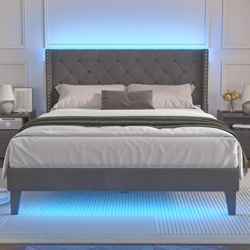 Miniatura 8 de Lihimte Marco de cama tamaño matrimonial con luces LED, base de cama plataforma tapizada en terciopelo con cabecero y estribo abotonado, soporte