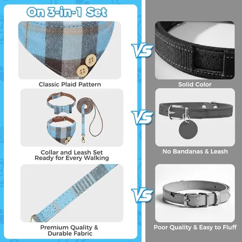 Miniatura 3 de BINGPET Juego de collar y correa para perros pequeños, collar y correa ajustable a cuadros para perros machos y hembras, bonito juego de collar Azul