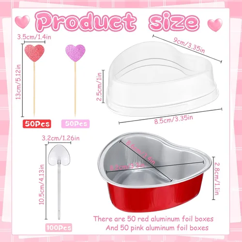 Miniatura 2 de El juego de 300 moldes para tartas de corazón incluye 3.4 onzas de aluminio desechable de San Valentín, molde para hornear postres, cuchara de Rojo
