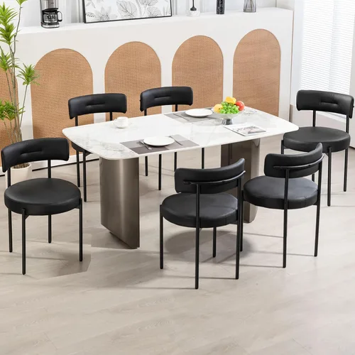 AVAWING Juego de 6 sillas de comedor de piel sintética negra, modernas sillas de cocina tapizadas con patas de metal y respaldo curvo, sillas