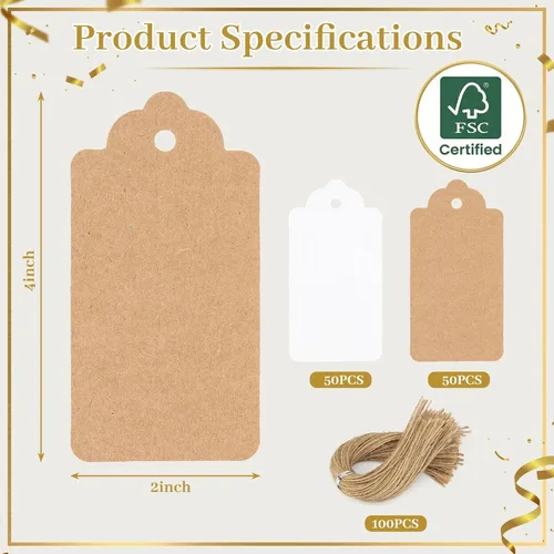 Miniatura 6 de SallyFashion 200 etiquetas de regalo con cuerda adjunta, etiquetas colgantes de papel kraft de 2 x 4 pulgadas para ropa, manualidades, boda, Mixto