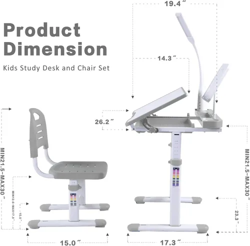 Miniatura 3 de Juego de escritorio y silla de arte para niños, mesa de dibujo de altura ajustable con inclinación de 40 grados, luz LED, soporte para libros