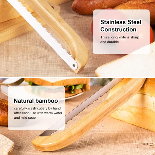 Miniatura 4 de Cortador de pan de arco premium, cuchillo de pan de masa madre con mango de bambú de 15.6 pulgadas, hoja dentada de acero inoxidable de grado