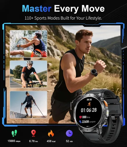 Miniatura 8 de Reloj inteligente militar para hombre, 730 mAh/1.62 pulgadas HD de pantalla grande, linterna/más de 110 modos deportivos, reloj de seguimiento