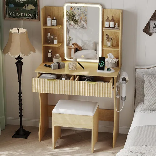 Miniatura 3 de Mesa de Tocador Pequeña con Espejo y Luces, Tocador de Maquillaje con Espejo Iluminado por LED, Tocador con Luces y Silla, Mesa de Vestir Ajustable