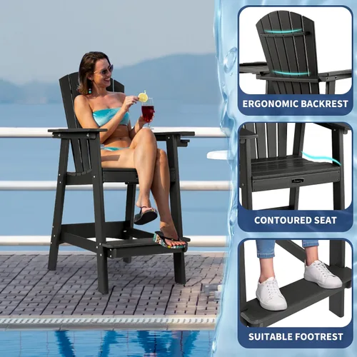 Miniatura 7 de FUNBERRY Juego de 2 sillas altas Adirondack con mesa de conexión extraíble, silla de balcón alta para todo tipo de clima con portavasos
