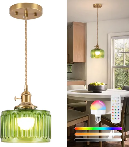 Miniatura 17 de Luces Colgantes para Isla de Cocina, Luz Colgante de Cristal Verde Accesorios de Iluminación Vintage, 9.4 pulgadas E26 Acabado Lámpara Colgante