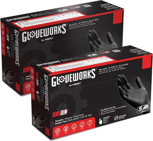 GLOVEWORKS Guantes negros de nitrilo desechables de 5 mil, sin látex, agarre texturizado para servicio de alimentos, cocina, limpieza profesional