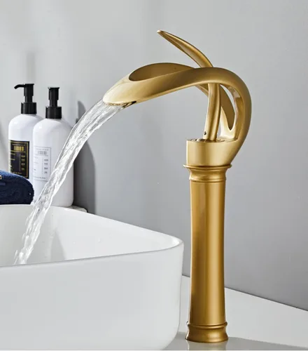 Miniatura 5 de Grifo de Lavabo para Baño de Diseño Alto y Hueco en Estilo Granja, con Boquilla en Cascada de Oro Antiguo, de una Sola Manija, de un Solo Agujero