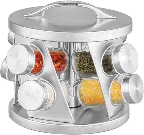 Miniatura 9 de Estante de especias portátil de acero inoxidable con 16 tarros de especias incluidos, organizador giratorio de especias para cocina, estante