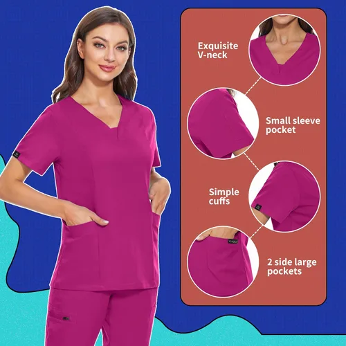 Miniatura 36 de VIAOLI Conjunto de ropa quirúrgica para mujer, camiseta con cuello en V y pantalones médicos tipo cargo para mujer, 10 bolsillos