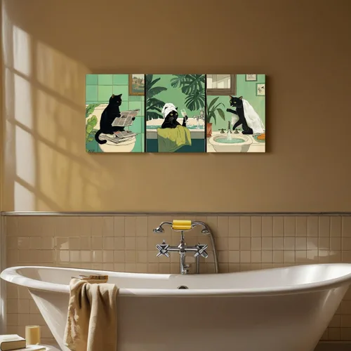 Miniatura 7 de Arte de Pared de Lienzo de Gato Negro Divertido para Baño, Lindo Estampado de Animales para Cuarto de Baño Inodoro Leyendo Periódico Humor