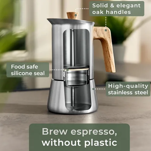 Miniatura 3 de WALDWERK Cafetera Moka de Acero Inoxidable (10 oz) - Cafetera Moka Libre de Tóxicos con Mango de Madera de Roble - Cafetera de Estufa para Espresso