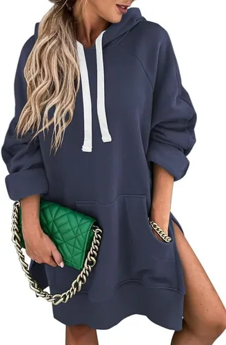 SHEWIN Vestido casual de gran tamaño para mujer, manga larga, dobladillo dividido, con cordón, con bolsillo tipo canguro