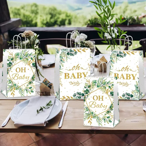 Miniatura 4 de 12 bolsas de regalo de fiesta Oh Baby de color verde salvia, bolsas de golosinas de hojas de eucalipto (4.7 x 3.1 x 7.9 pulgadas), bolsa de regalo