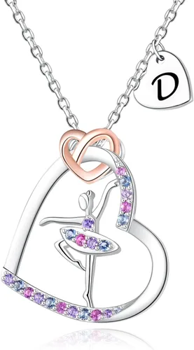 ACJNA Ballerina Necklace - Sterling Silver - Dance Necklaces for Girls Initial Letter Ballet Jewelry Pendant Rainbow Colorful CZ Heart Silhouette