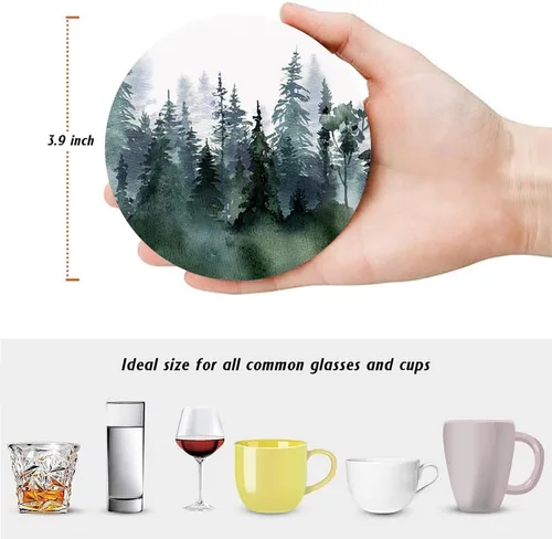 Miniatura 2 de Juego de 6 posavasos para bebidas, juego de posavasos absorbentes redondos de piedra cerámica con diseño de paisaje de acuarela de bosque de pinos