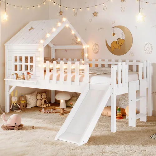 Miniatura 13 de Marco de cama de tamaño matrimonial para niños con escaleras, bonito techo y ventana en forma de estrella para niños y niñas, cama de plataforma